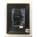 A BUTTERFLY WING FRAMED AND GLAZED PICTURE OF A CLIPPER SHIP MARKED RN COLOMBO 17 X 23 CMS.