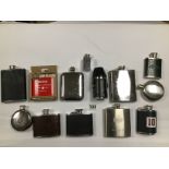 A COLLECTION OF HIP FLASKS, MOST MADE OF STAINLESS STEEL, ALSO INCLUDING A SET OF TRAVELLING
