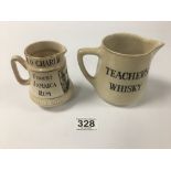 TWO EARLY SPIRIT JUGS INCLUDING ONE MADE FOR TEACHERS WITH BOYS PLAYING CRICKET ENTITLED 'THE