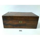 A VICTORIAN MAHOGANY WRITING SLOPE OF RECTANGULAR FORM WITH BRASS MOUNTED ESCUTCHEON OF OVAL FORM,