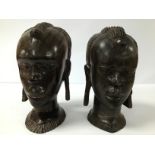 TWO CARVED AFRICAN HARDWOOD BUSTS OF TRIBES PEOPLE, LARGEST 24CM HIGH