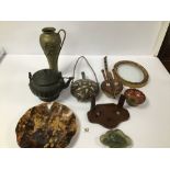 A GROUP OF ASSORTED COLLECTABLES INCLUDING JADEITE DISH, MIDDLE EASTERN BRASS FLASK WITH WHITE METAL