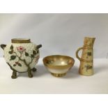 A ROYAL WORCESTER TWO HANDLED VASE, TOGETHER WITH A CONICAL JUG AND A CIRCULAR BOWL (ALL AF)