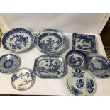 ASSORTED BLUE AND WHITE PORCELAIN, MOST ORIENTAL, SOME WITH CHARACTER MARKS TO BASES, LARGEST 37CM