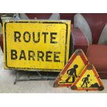 THREE METAL ROAD SIGNS, LARGEST 63 X 81CMS.