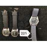 THREE VINTAGE MILITARY STYLE WRISTWATCHES, TWO BY HMT ON LEATHER STRAPS, THE OTHER BY PULSAR ON MESH
