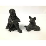 TWO BRONZE FIGURES, COMPRISING A FIGURE OF A SEATED GIRL AND THE OTHER TWO PIGLETS PLAYING, 13CM