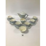 AN ART DECO BLUE AND WHITE TEA SERVICE BY PALLISY, INCLUDING TEA POT, CUPS, SAUCERS AND MORE,