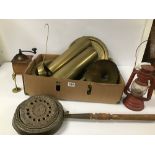 A BOX OF MAINLY VINTAGE BRASS ITEMS INCLUDING SHELLS AND STORM LANTERN