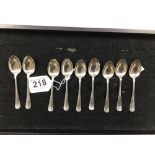 AN UNUSUAL SET OF NINE SILVER TEA SPOONS, HALLMARKED SHEFFIELD 1936 MAKER HS, TOGETHER WITH A SILVER