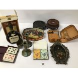 A COLLECTION OF ASSORTED ITEMS INCLUDING PAIR OF BRASS CANDLESTICKS, PLAYING CARDS, BOTTLE OF