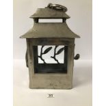 A SILVER PAINTED METAL LANTERN, 36CM HIGH