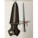 TWO MODERN REENACTMENT SWORDS, ONE WITH WALL DISPLAY MOUNT, LARGEST 65CM LONG
