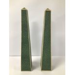 A PAIR OF FAUX SHAGREEN OBELISKS, 32CM HIGH