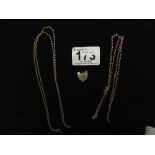 A 9CT GOLD CHAIN, A 9CT GOLD HEART LOCKET (AF) AND ANOTHER CHAIN MARKED 9CT, COMBINED WEIGHT 7.15G