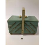 A VINTAGE WOODEN SEWING CANTILEVER WORK BOX, 34.5CM WIDE