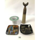 FOUR PIECES OF ART POTTERY, INCLUDING A ROSENTHAL BOWL BY BJORN WIINBLAD AND A LARGE VASE, LARGEST