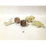 A GROUP OF FIVE CARVED SOAPSTONE ITEMS, INCLUDING THREE ANIMALS AND TWO PAPERWEIGHTS