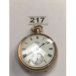 A GOLD PLATED WALTHAM OPEN FACED POCKET WATCH, THE ENAMEL DIAL WITH ROMAN NUMERALS DENOTING HOURS