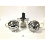 TWO VINTAGE CHROME CASED CERAMIC TEAPOTS BY HEATMASTER, TOGETHER WITH ANOTHER CHROME TEA POT, 26CM