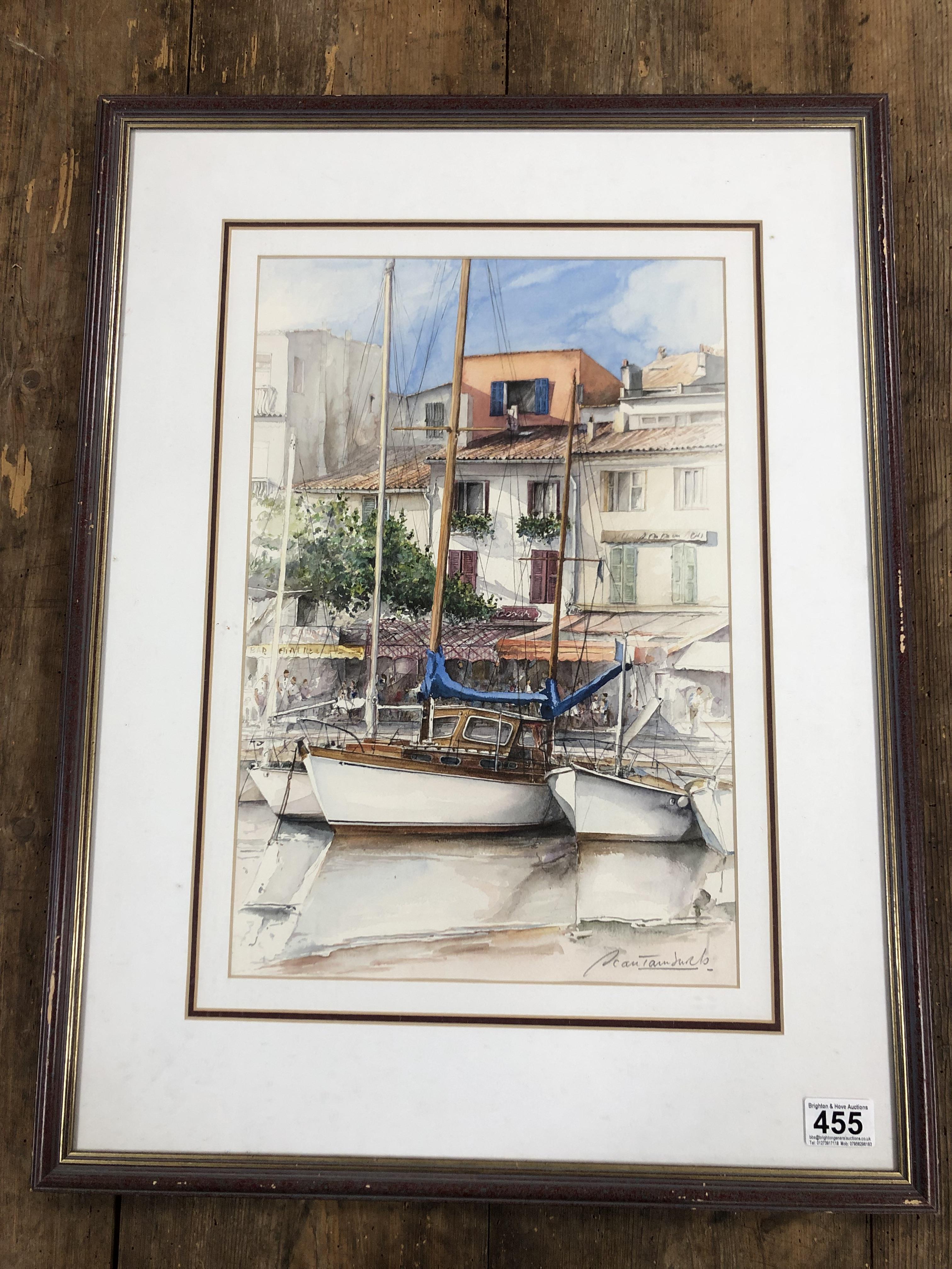 A LARGE FRAMED AND GLAZED WATERCOLOUR OF A HARBOUR SCENE AND YACHTS INDISTINCTLY SIGNED TO THE LOWER