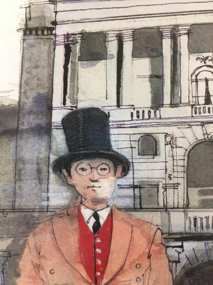 MICHAEL MCGUINNESS A PEN,INK AND WATERCOLOUR OF A TOP HATTED AND TAILED MAN OUTSIDE THE BANK OF - Image 3 of 3