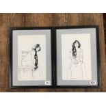 MICHAEL MCGUINNESS TWO PEN AND INK STUDIES OF A WOMAN SEATED WITH HEAD SCARF SIGNED TO LOWER LEFT,