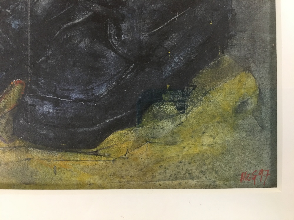 MICHAEL MCGUINNESS (1955 - ) A WATERCOLOUR ENTITLED "BLACK SHOES WITH YELLOW DUSTER", FRAMED AND - Image 2 of 4