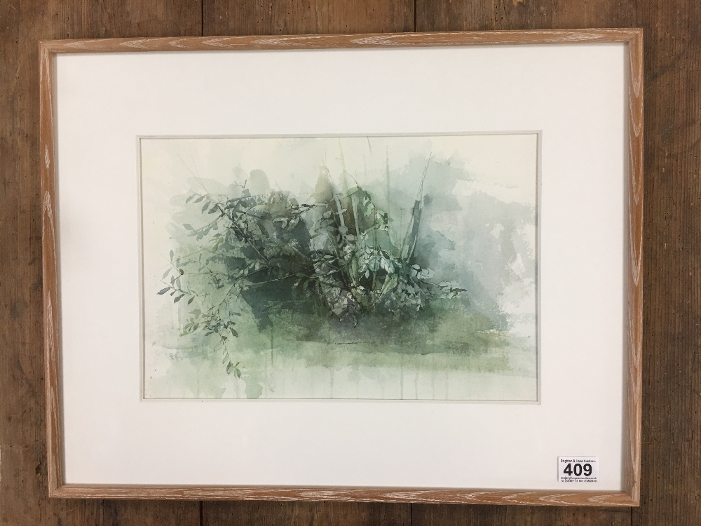 MICHAEL MCGUINNESS A WATERCOLOUR OF UNDERGROWTH, FERNS AND PLANTS SIGNED TO LOWER RIGHT, FRAMED