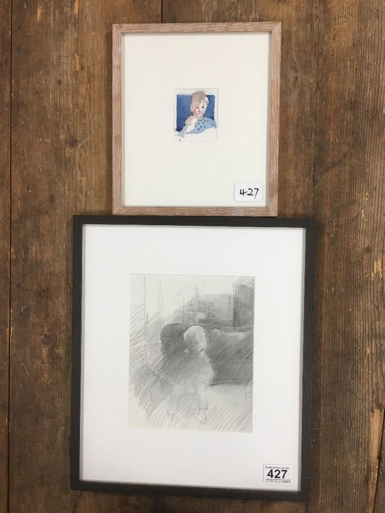 MICHAEL MCGUINNESS RWS A WATERCOLOUR OF A BABY AND A PENCIL STUDY OF A BABY WITH CUP UNSIGNED BUT