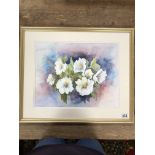 A LARGE FRAMED AND GLAZED WATERCOLOUR OF PETUNIAS SIGNED A E DALTON, 51CM X 61CM