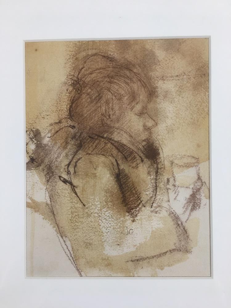 MICHAEL MCGUINNESS RWS A PENCIL AND WASH STUDY OF A BOY HOLDING A MUG, POSSIBLY POORLY UNSIGNED - Image 2 of 2