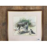 NORA HOWARTH (20TH CENTURY) A PASTEL STUDY OF A FARMER TENDING A SHIRE HORSE ACCOMPANIED BY HIS DOG,