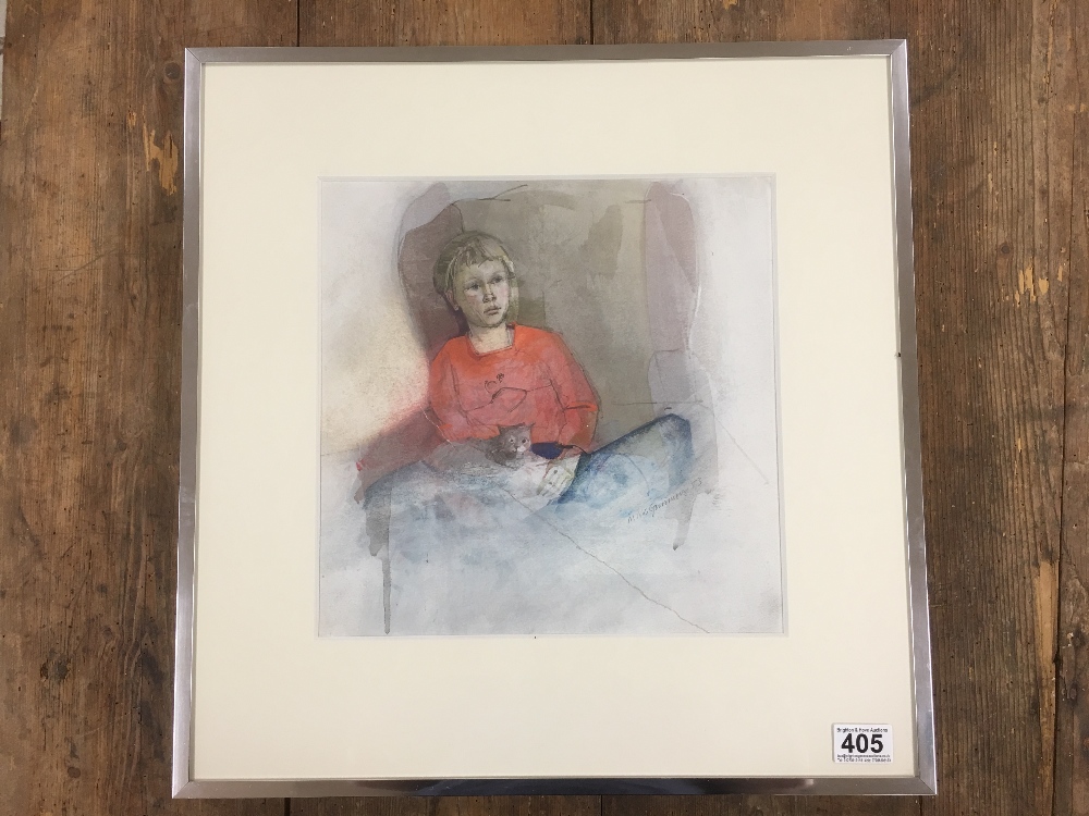 MICHAEL MCGUINNESS A WATERCOLOUR OF A GIRL IN RED WITH KITTEN SIGNED TO LOWER RIGHT, FRAMED AND