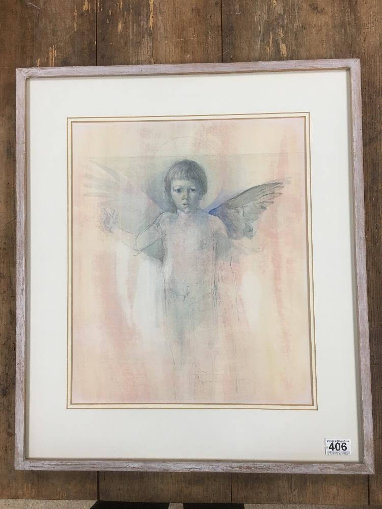 MICHAEL MCGUINNESS A WATERCOLOUR STUDY IN PINK AND BLUE OF A CHILD ANGEL UNSIGNED BUT ATTRIBUTED