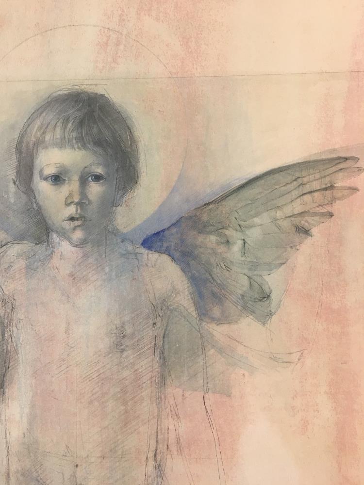 MICHAEL MCGUINNESS A WATERCOLOUR STUDY IN PINK AND BLUE OF A CHILD ANGEL UNSIGNED BUT ATTRIBUTED - Image 2 of 2