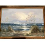 A LARGE OIL ON CANVAS OF A SEASCAPE WITH FLYING GEESE SIGNED P PAULSEN TO THE LOWER RIGHT, 66CM X