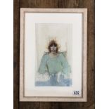 MICHAEL MCGUINNESS RWS A WATERCOLOUR AND PENCIL STUDY OF A WOMAN IN BLUE AND GREEN SIGNED TO LOWER