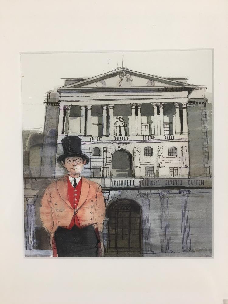 MICHAEL MCGUINNESS A PEN,INK AND WATERCOLOUR OF A TOP HATTED AND TAILED MAN OUTSIDE THE BANK OF - Image 2 of 3