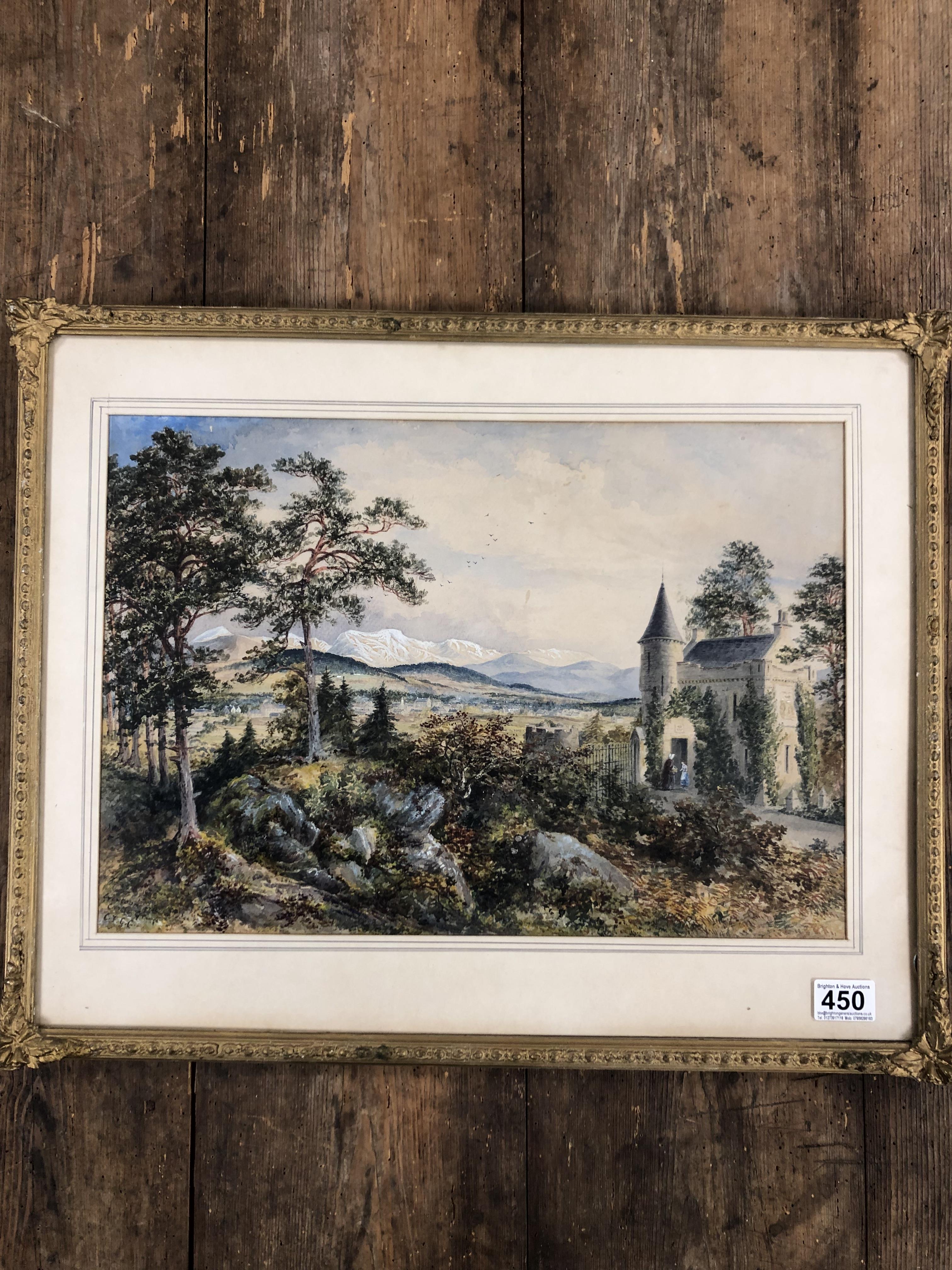 A FRAMED AND GLAZED WATERCOLOUR ENTITLED "GRANTOWN CASTLE" AND BEARING THE MONOGRAM CFGC TO THE