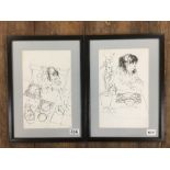 MICHAEL MCGUINNESS TWO PEN AND INK STUDIES OF A WOMAN SEATED AT A SUPPER/BREAKFAST TABLE.SIGNED TO