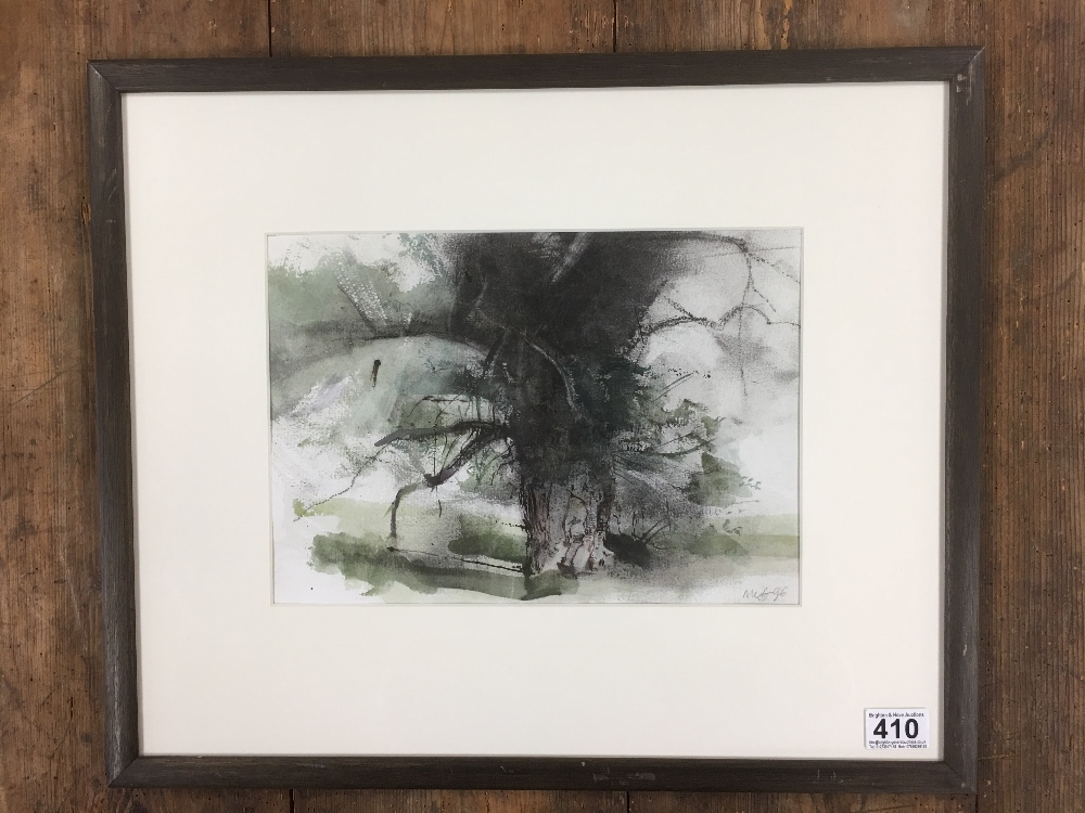 MICHAEL MCGUINNESS A WATERCOLOUR OF WOODED AREA SIGNED TO LOWER RIGHT, FRAMED AND GLAZED 45CM X