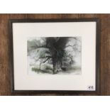MICHAEL MCGUINNESS A WATERCOLOUR OF WOODED AREA SIGNED TO LOWER RIGHT, FRAMED AND GLAZED 45CM X
