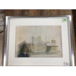 MICHAEL MCGUINNESS A WATERCOLOUR OF YOUNG GIRL LOOKING THROUGH A WINDOW TO A STREET VIEW SIGNED TO