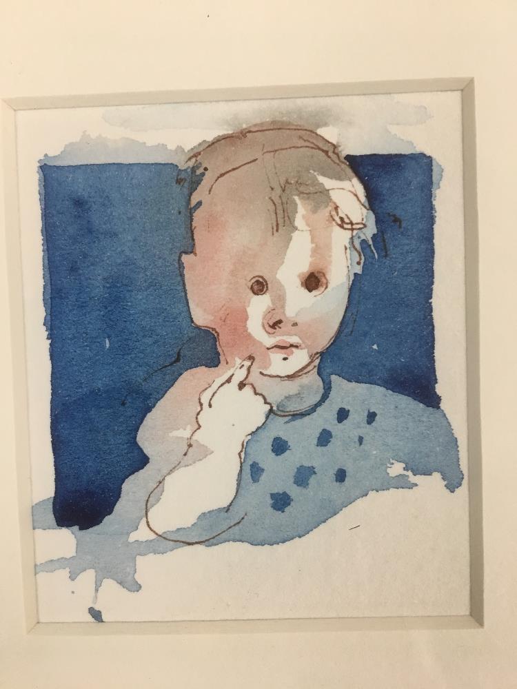 MICHAEL MCGUINNESS RWS A WATERCOLOUR OF A BABY AND A PENCIL STUDY OF A BABY WITH CUP UNSIGNED BUT - Image 3 of 3