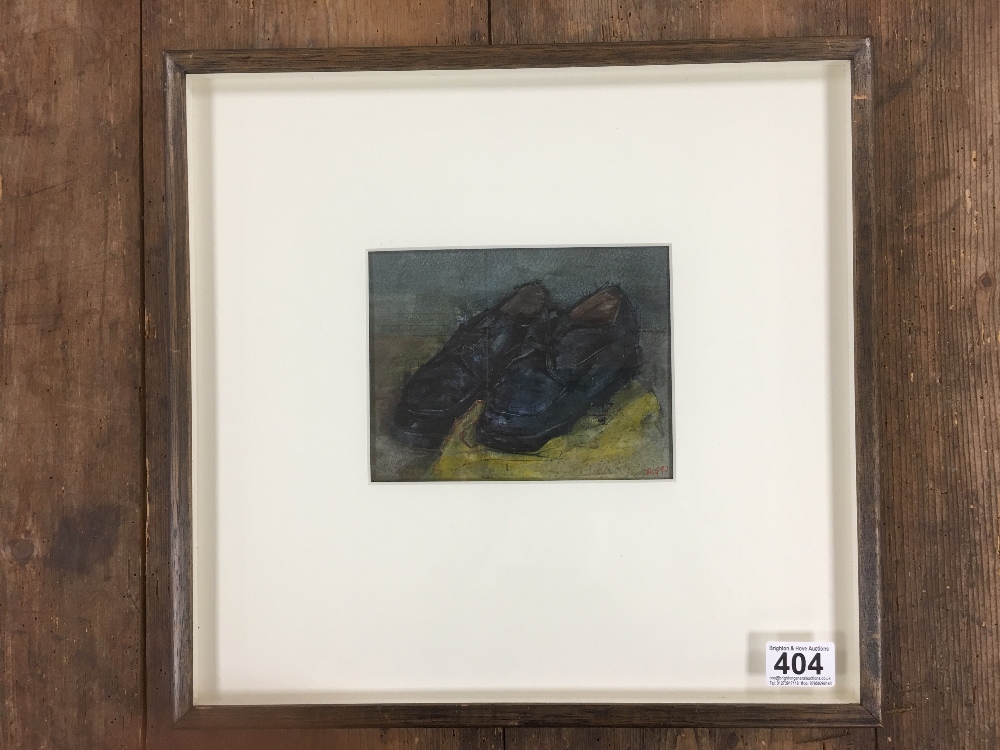 MICHAEL MCGUINNESS (1955 - ) A WATERCOLOUR ENTITLED "BLACK SHOES WITH YELLOW DUSTER", FRAMED AND