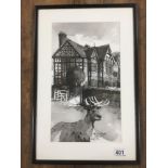 MICHAEL MCGUINNESS PEN AND WASH MONOCHROME OF PARIS HOUSE WOBURN WITH STAG IN THE FOREGROUND