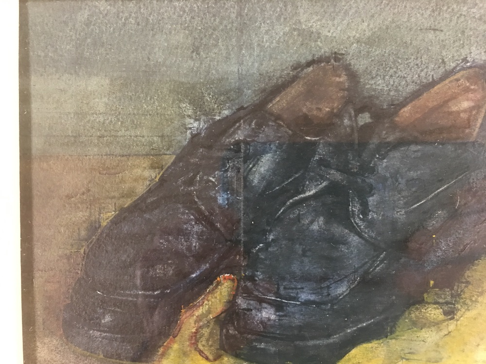 MICHAEL MCGUINNESS (1955 - ) A WATERCOLOUR ENTITLED "BLACK SHOES WITH YELLOW DUSTER", FRAMED AND - Image 3 of 4