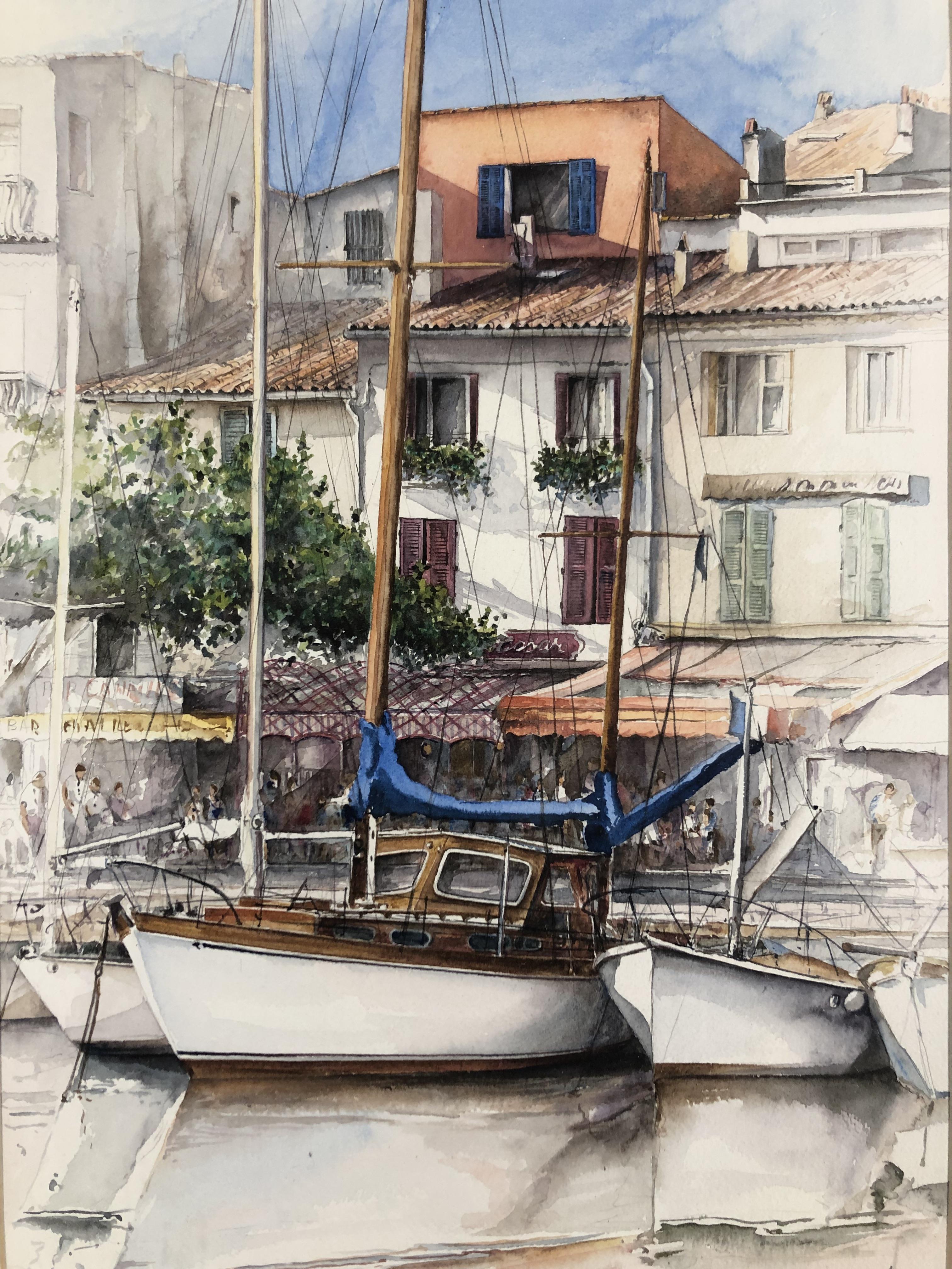 A LARGE FRAMED AND GLAZED WATERCOLOUR OF A HARBOUR SCENE AND YACHTS INDISTINCTLY SIGNED TO THE LOWER - Image 2 of 3