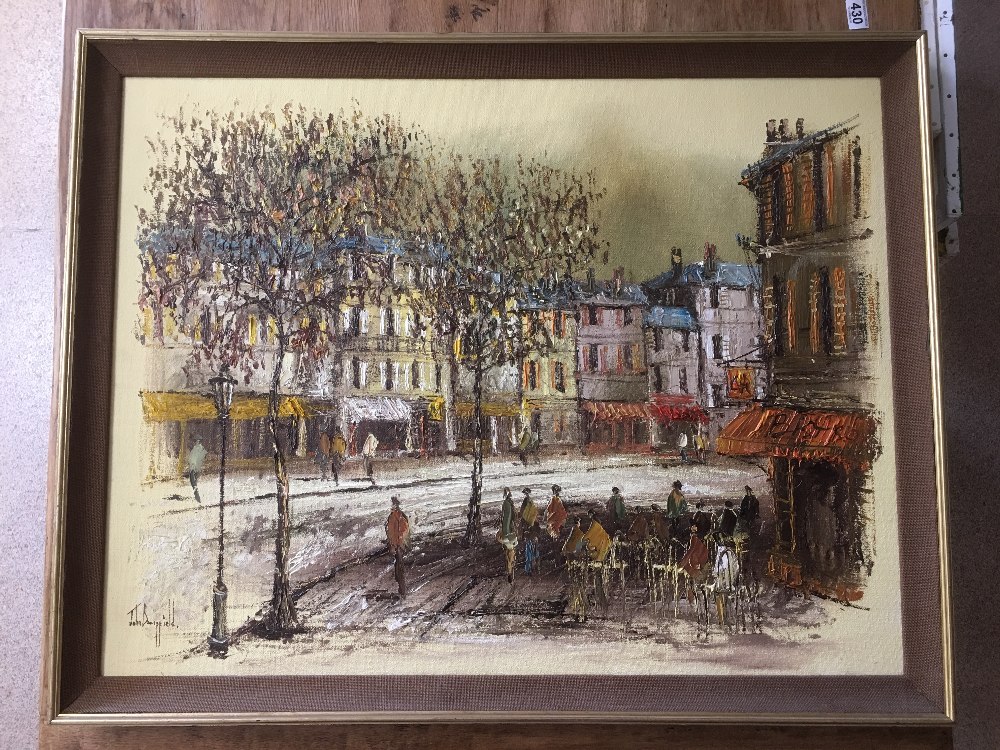 LARGE FRAMED OIL ON CANVAS FRENCH STREET SCENE SIGNED JOHN BAMPFIELD 99 X 79 CMS